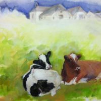 760 Twee koeien met de boerderij in de verte